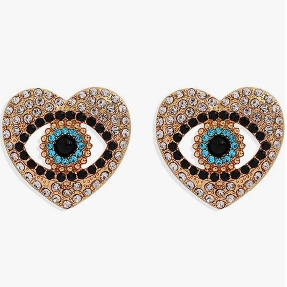Blue Pave Evil Eye Rhinestone Gold Heart Post Earrings CZ Crystal Hearts New - Picture 1 of 6